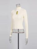 Solid Basics Spliced Hollow T Shirt for Women Stand Collar Long Sleeve Slimming Casual T Shirts Female Winter New