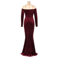 Padded Velvet High Slit Off Shoulder Evening Party Long Dress Women Long Sleeve Bodycon Vestidos Lady Ruched Clothing
