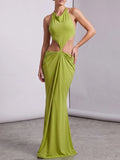 Fashion Halter Cowl Neck Cutout Floor Length Mermaid Dress for Women Backless Thin Strap Draped Ruched Bodycon for Party