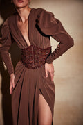 Women Brown Beaded Corset Design Maxi Dress V Neck Long Sleeves Waist Cinching Slim Dresses Fashion Evening Party Gowns