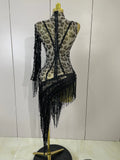 Women One Shoulder Latin Dance Outfits Sexy Leopard Print Sparkly Diamond Tassel See-Through Dress Nightclub Party Stage Costume