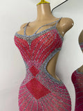 Sparkly Rhinestones Women Sexy Hollow Out High Split Elegant Bodycon Long Outfit Birthday Dress Stage Wear Performance Costume