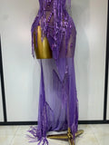 Women Sexy Strapless Purple Rhinestone Tassels Maxi Long Dress Birthday Photo Shoot Bar Nightclub Stage Performance Outfit