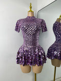 Sexy Women Short Sleeve Sparkly Sequins Stage Dress Luxury Evening Party Nightclub Performance Costume Stage Wear