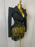 2026 Women Birthday Evening Party Nightclub Outfit Singer Wedding Costume Sparkly Crystal Chains Pearls Long Sleeve Mini Dress
