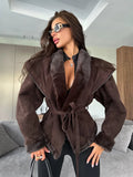 Women Brown Faux Fur Trim Suede Jacket Tie Belt Lapel Collar Long Sleeve Casual Chic Fall Winter Lady Commute Warm Outerwear New