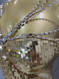 Classic Gold Sequin Mermaid Dress Rhinestone Chain Shoulder Straps Sweetheart Neck Formal Evening Gala Photoshoot Cocktail Party