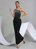 2026 New Sexy One Shoulder Pearl Bead Flower Maxi Long Bodycon Bandage Dress Women Elegant Evening Club Party Outfit