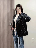 Women's Motorcycle Leather PU Imitation Leather Loose Jacket Black Jacket