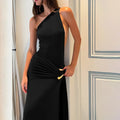 Brown One Shoulder Backless Long Dress Sexy Women's Draped Casual Maxi Dresses Summer Evening Party Wedding Guest Cocktail Black