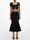 Black 3D Floral Hollow Knit Two Piece Set for Women Square Collar Short Sleeve Crop Top Mermaid Mid Skirt for Beach Vacation