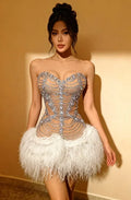 Diamonds Mesh Sexy See Through Cocktail Mini Dress Women Eveing Luxury Birthday Party Singer Nightclub Show Stage Costume