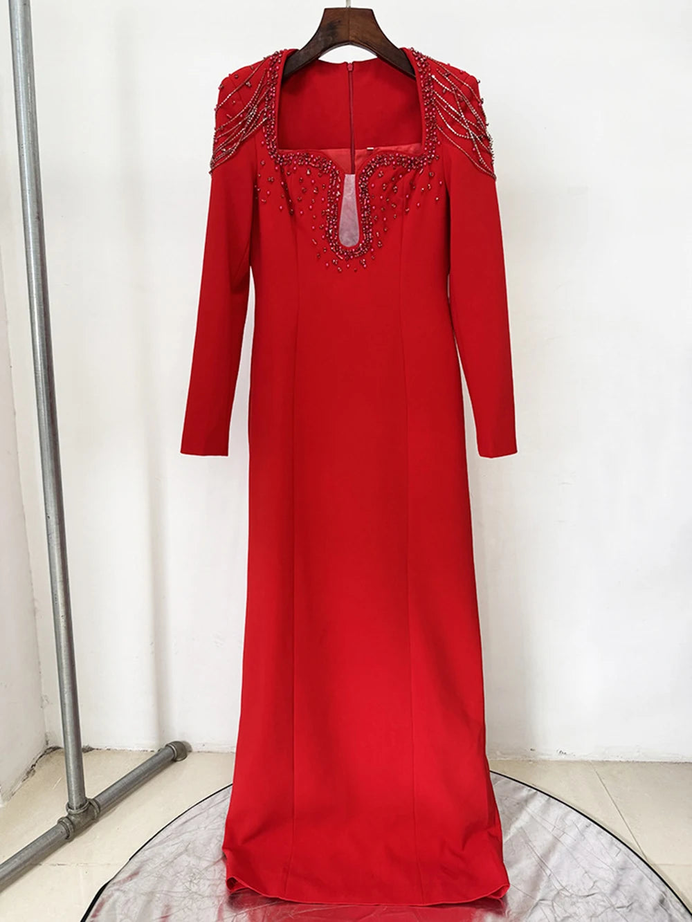 Sparkling Luxury Diamond Tassels Beads Long Sleeved Slim Maxi Dress Women'S Elegant Celebrity Evening Party Wedding Gowns