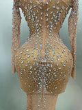 Sexy Shinny Rhinestone Stretch Mesh Transparent Long Dress 2025New Women Evening Birthday Party Prom Nightclub Singer Stage Wear