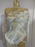 Sexy Mesh See Through Jumpsuit Women Elegant White Pearl Long Sleeves Eveing Birthday Party NightClub Dancer Stage Show Costumes
