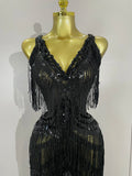 Sparkly Black Rhinestones Sequined Fringe Jumpsuit Women Sexy Nightclub Party Birthday Outfit Show Singer Stage Perform Costume