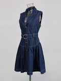 2026 New Blue Sleeveless Women Single-Breasted Belt Short Denim Dresses Woman Retro Slim A Line Mini Dress