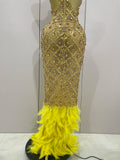 Luxury Sparkly Red Rhinestones Feather Sexy Mesh See Through Long Dress Women Birthday Evening Nightclub DJ Dancer Stage Costume