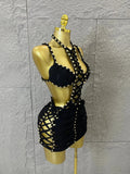 Women Sexy Sparkly White Braided Halter Mini Dress Gold Bead Trim Cutout Sides Ideal Beach Parties Vacations Special Occasions