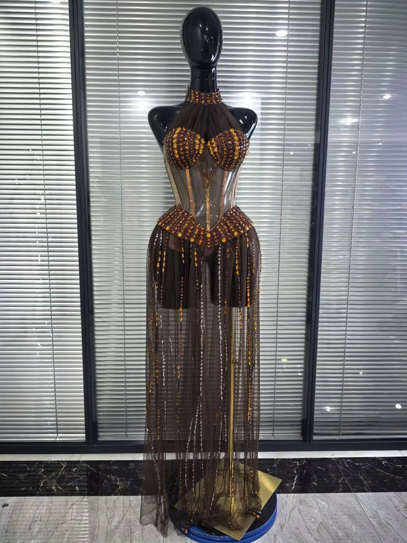 Black Color Women Sexy Halter Shining Rhinestones Mesh See Through Bodycon Bodysuit Bar Dancer Singer Performance Costumes