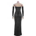 Beautiful Rhinestone Sheer Mesh Maxi Dress With Gloves Glam See-Through Diamonds Long One-Piece Dress Birthday Outfits
