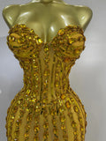 Sexy Strapless Mesh See Through Long Dress Luxury Sparkly Golden Diamonds Evening Party Birthday Nightclub PhotoShoot Stage Wear
