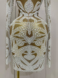 New High-end Elegant Evening Gown AB Rhinestones Pearls Luxury Long Sleeves Mesh Dress Women Cocktail Party Wedding Costume