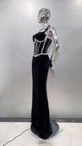 Women's Fashion Gloves Shiny Rhinestone Neck Waist Black Velvet Dress Celebrity Dinner Red Carpet Party Evening Performance Gown