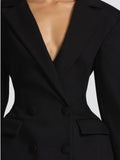 Lady Solid Waist Cinching Blazer Dress Fashion Full Sleeve Lapel V-neck Double Breasted Slim Vestidos 2026 Office Street Gown