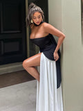 Irregular Slit Vacation Long Dress For Women Elegant Contrast Slim Ribbon Dress Back Lace Up Female Strapless Summer New