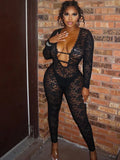 Sexy Jacquard Jumpsuit Women Sexy Mesh Patchwork Low-Neck Hollow Full Sleeve Skinny Midnight Party Clubwear Overalls