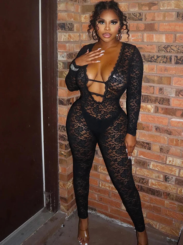 Sexy Jacquard Jumpsuit Women Sexy Mesh Patchwork Low-Neck Hollow Full Sleeve Skinny Midnight Party Clubwear Overalls