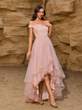 Sexy Shoulder Bared Formal Evening Gown with Asymmetrical Hem Tulle Ball Dress Glitter Birthday Party Christmas Dresses