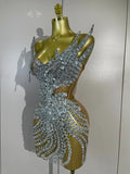 Sexy Strapless Mesh See Through Eveing Birthday Party Nightclub Stage Costume Women Sparkly Silver Rhinestone Sequins Mini Dress
