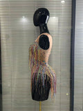 Colorful Tassels Women Sexy High Stretch Bodycon Bodysuit Vening Dress Night Club Dancer Performance Costume