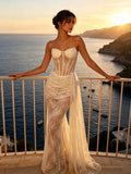Elegant Strapless Lace Long Ribbon Wedding Dress Patchwork Vintage Floral Lace Bridal Gown Sheath Fitted Dresses
