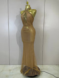 Sexy Halter Sparkly Diamonds Golden Mesh Sequins Maxi Long Dress Women Elegant Evening Party Birthday Luxury Wedding Guest Gown