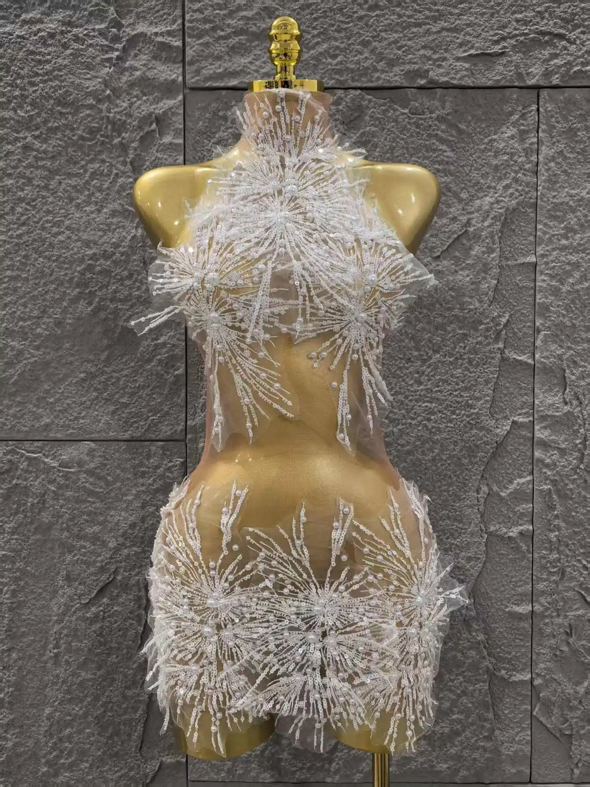 Sexy Mesh See Through Pearl Lace Party Mini Dress Celebrate Birthday Photo Shoot Wear Performance Stage Costume