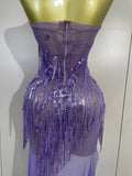 Sexy Purple Strapless Mesh See Through Long Dress Sparkly Diamond Tassel Birthday Evening Party Nightclub Bar DJ Show Stage Wear