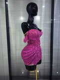 Shining Rosered Shining Sequins Women Sexy Strapless Laced-up Bodycon Mini Dress Nightclub Party Celebrate Performance Costumes