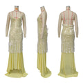 New Summer Sequins Patchwork Mesh Slim Long Dress Women Casual Vacation Dress Sexy Suspender V Neck Backless Evening Dress