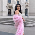 Women's Stylish Shawl Super Shiny Rhinestone Sequin Embroidered Pink Tube Top Dress Luxury Haute Couture Fashion Hot Party Gown