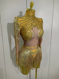 Women Sparkly Rhinestone Sequin Tassel Stretch Bodysuits 2025 New Arrival Birthday Party Nightclub Dj Stage Performance Costume
