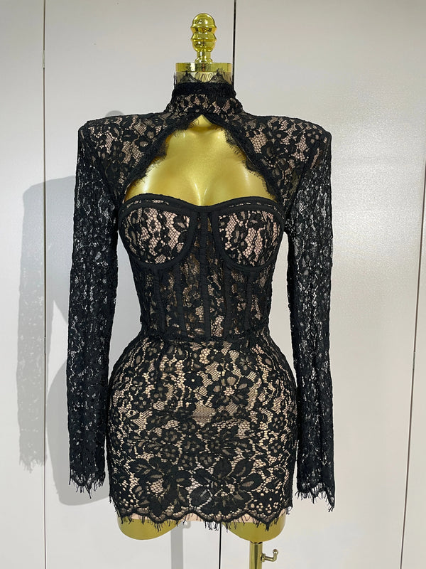 Sexy Black Lace High Neck Hollow Out Design Bodycon Mini Dress Women Long Sleeve Evening Party Club Bar Cocktail Celebrity Gowns