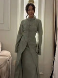 Chic Oriental Slim Long Dress Set Women Casual Stand Collar Full Sleeve Knot Button Slit Hem Suit Spring Lady Street Wears New