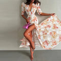 Elegant Women's Printed Pleated Dress Slim Short Bubble Sleeve V-neck Split Dresses 2026 Spring Summer Lady Fashion Holiday Robe
