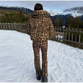 Fashion Leopard Print Ski Suit Women Stand Collar Hooded Zipper Coat Chic Slim Pants 2026 Winter Warm Casual Sport Windproof Set