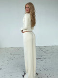 White Ribbed Knit Two Piece Set for Women Slim Button Accent Cardiagns Low Waist Loose Pant Suit for Casual Outings