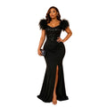 Elegant Evening Dress Sequin Feather Shoulders Mermaid Gowns for Wedding Prom Party Club Special Occasions Split Long Dress