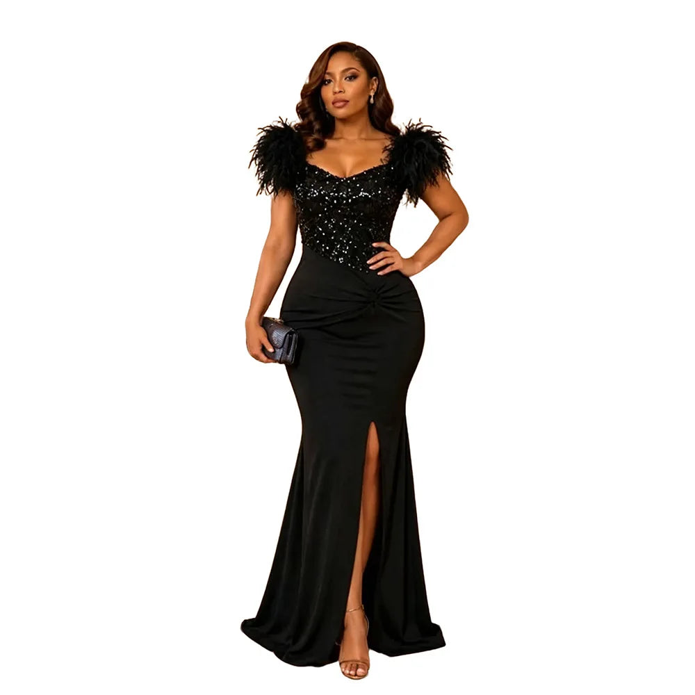 Elegant Evening Dress Sequin Feather Shoulders Mermaid Gowns for Wedding Prom Party Club Special Occasions Split Long Dress